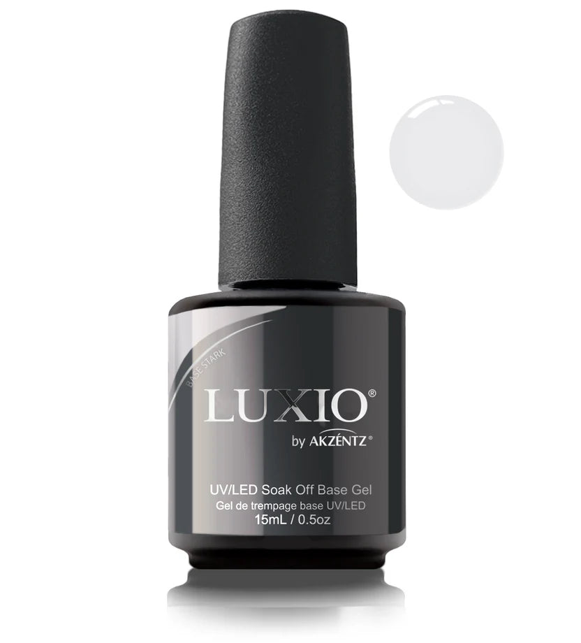 Luxio Naked Soak Off Base Gel in Stark, a clear gel polish for nails, 15ml bottle, TPO free, with a smooth, transparent finish.