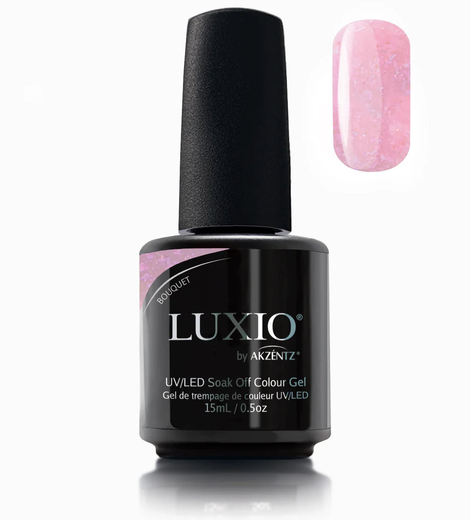 Luxio Soak-Off Gel Bouquet nail polish bottle, 15ml, with colorful floral design on the label.