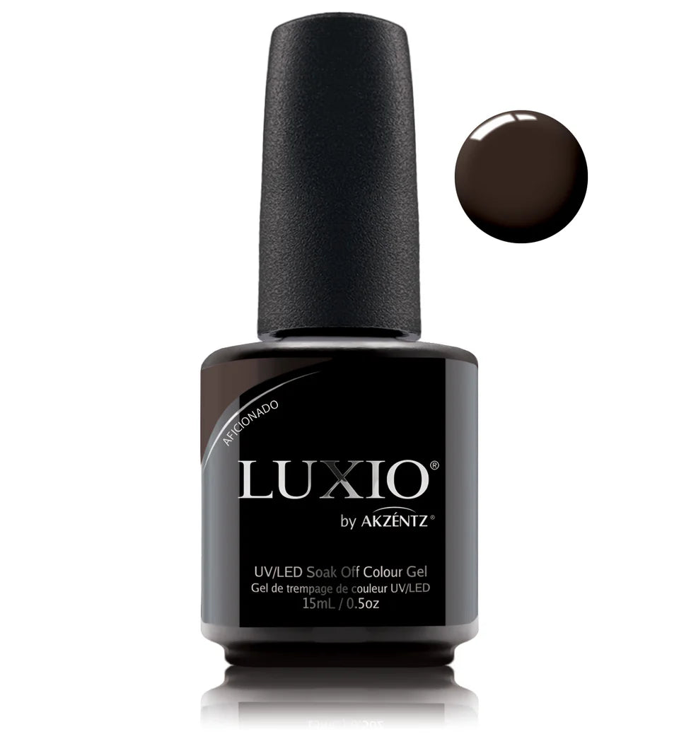 Luxio Soak-Off Gel Polish Aficionado 15ml bottle, vibrant nail color with sleek label, used for professional gel manicures.
