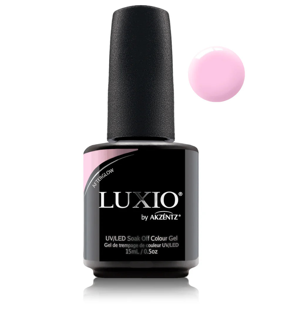 Luxio Soak-Off Gel Polish Afterglow 15ml bottle, showcasing the vibrant pink color and sleek black cap of this Luxio gel polish.