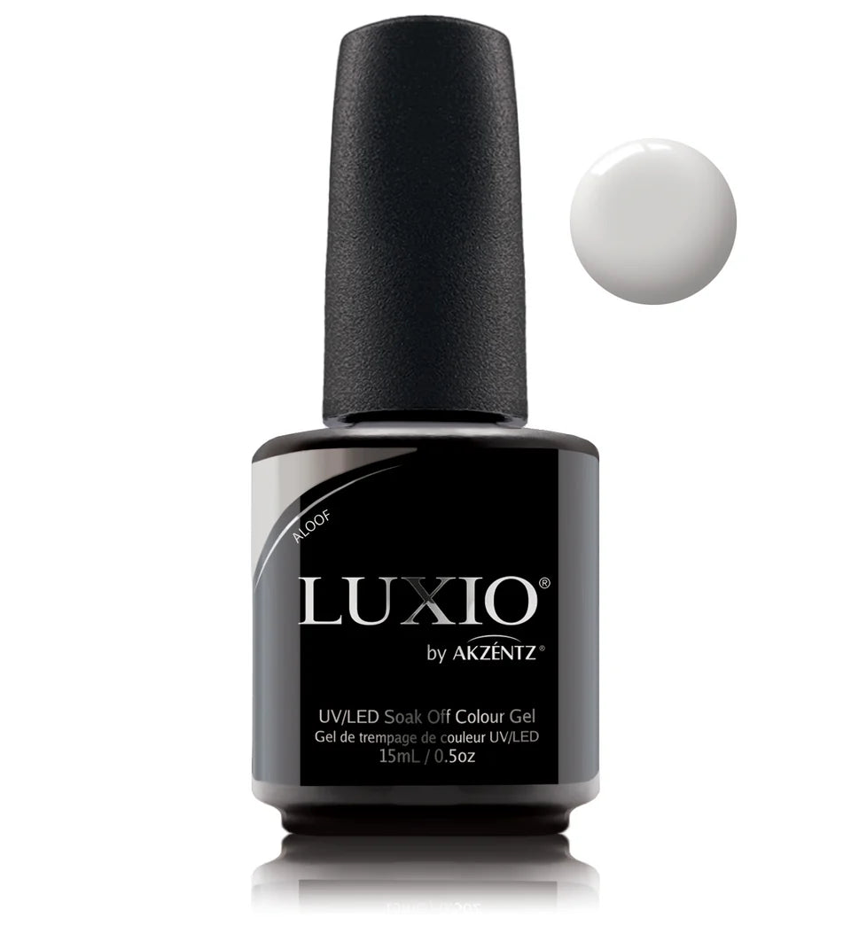 Luxio soak-off gel polish in Aloof 15ml bottle, featuring vibrant color and smooth finish, designed for professional gel manicures