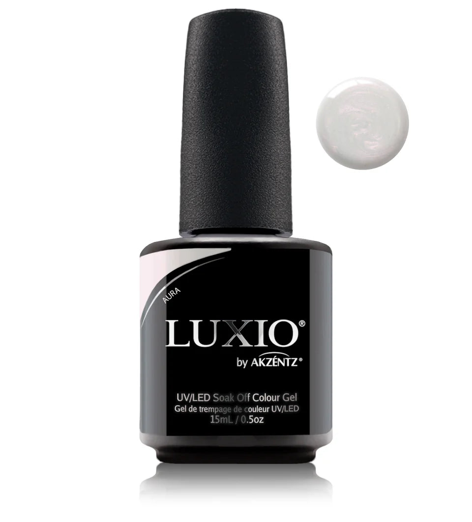 Luxio Aura iridescent soak-off gel polish bottle, 15ml, with a sleek black cap and colorful iridescent label, designed for nails.