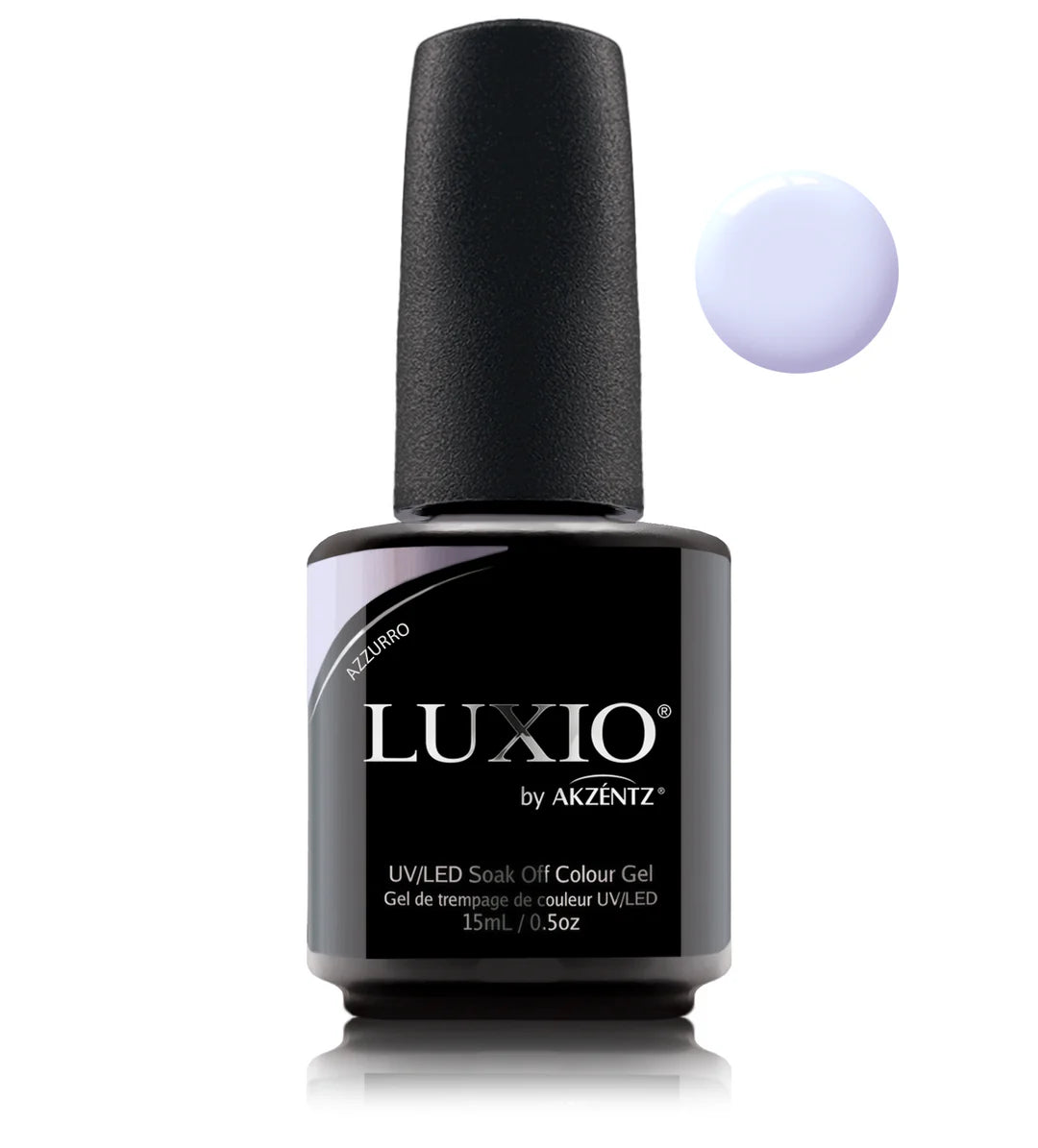 Luxio soak-off gel polish in Azzurro, 15ml, vibrant blue color in a sleek bottle, perfect for professional gel manicures.