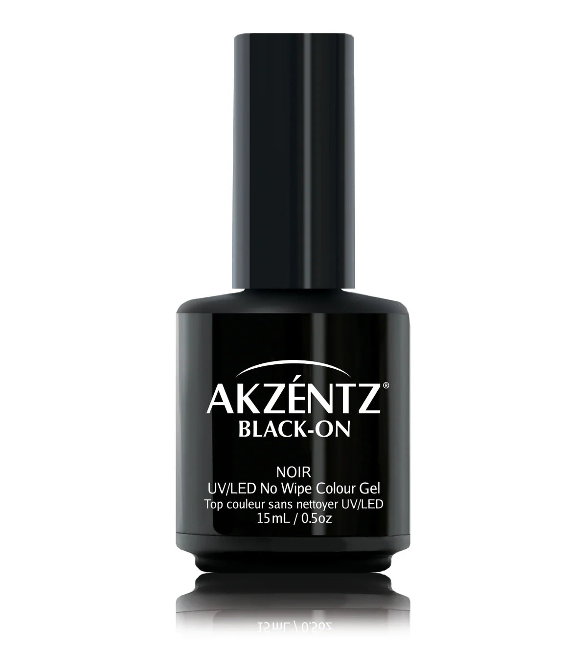 Luxio soak-off gel polish in black on 15ml bottle, with a smooth, glossy finish, displayed in front of a neutral background.