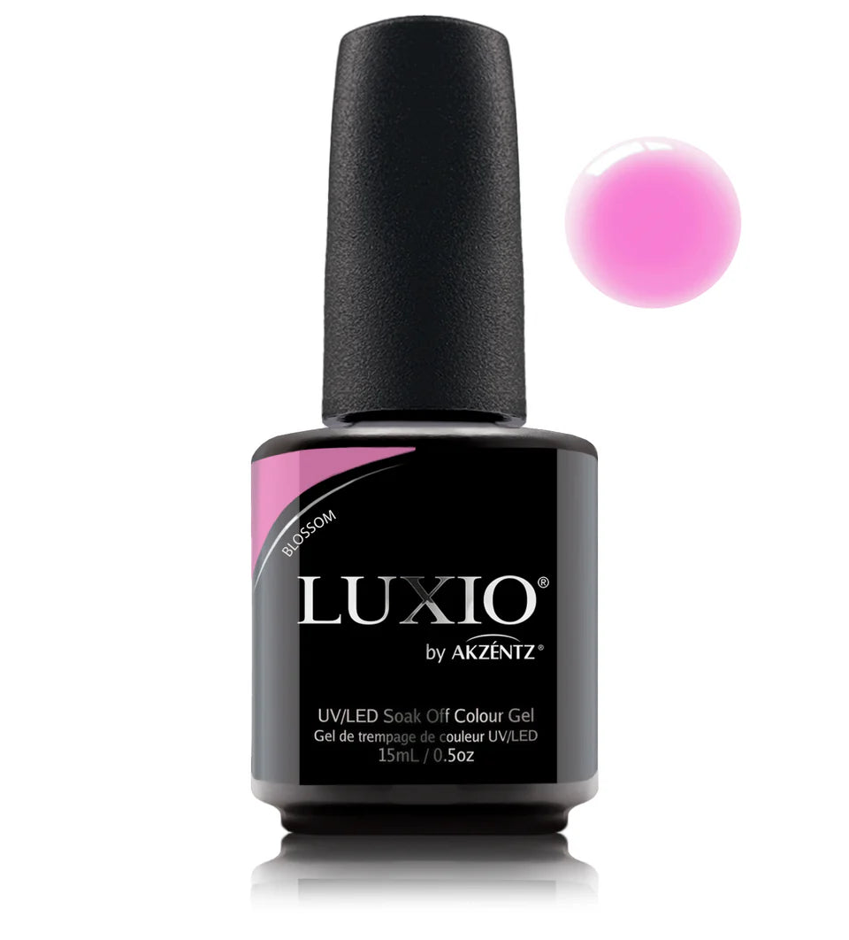 Luxio Soak-Off Gel Polish in Blossom tint, 15ml bottle, showcasing the pastel pink gel with smooth, glossy finish.