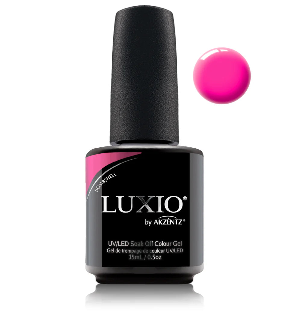 Luxio Soak-Off Gel Polish Bombshell Bright 15ml bottle with vibrant coral-orange color, designed for professional nail application.