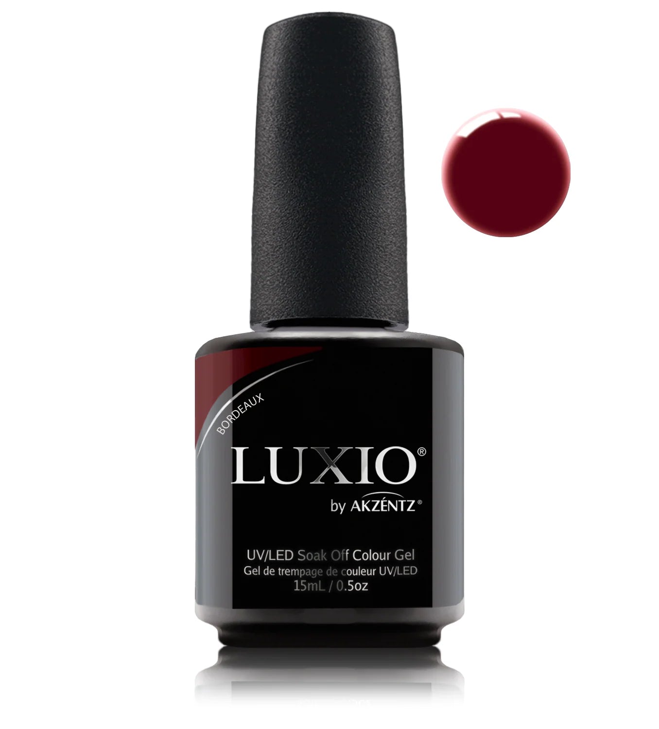 Luxio Bordeaux soak-off gel polish in 15ml bottle, showcasing the deep red TPO-free gel nail polish for elegant manicures.