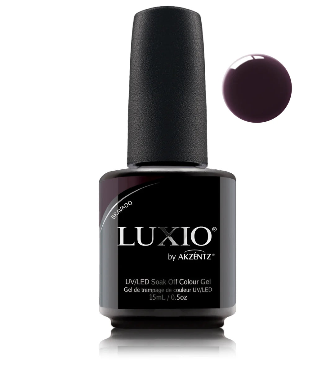 Luxio Bravado soak-off gel polish in 15ml bottle, featuring vibrant color and glossy finish, used for professional gel manicures.