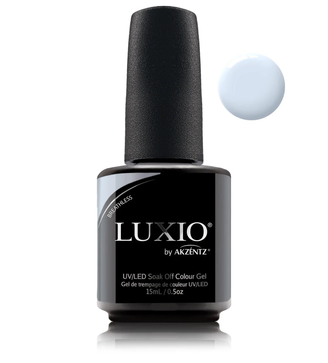 Luxio Breathless soak-off gel polish in 15ml bottle, showcasing the vibrant, glossy nail color and sleek brand packaging.