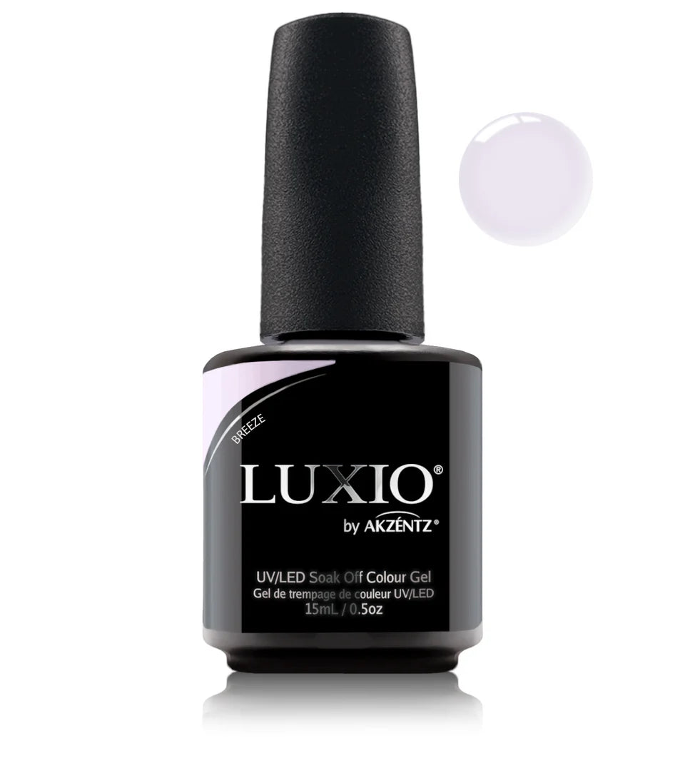 Luxio Breeze Soak-Off Gel Polish in 15ml bottle, sheer, with a clear, glossy finish suitable for gel manicures.