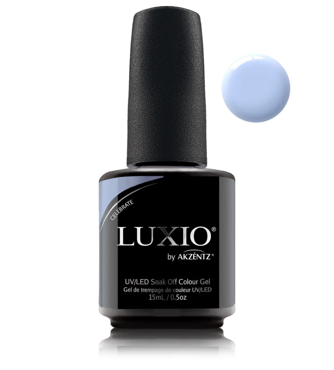 Luxio Celebrate soak-off gel polish in 15ml bottle, vibrant nail color with smooth gel finish, perfect for professional manicures