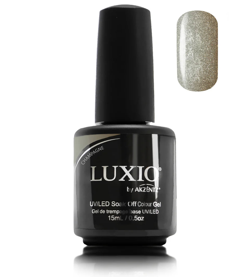 Luxio Soak-Off Gel Polish in Champagne Sparkle, 15ml bottle, showing the shimmering gel with a smooth, glossy finish.