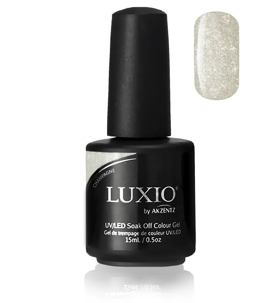 Luxio Soak-Off Gel Polish Champagne Sparkle 15ml bottle showing the shimmering, light champagne-colored gel polish with glitter accents