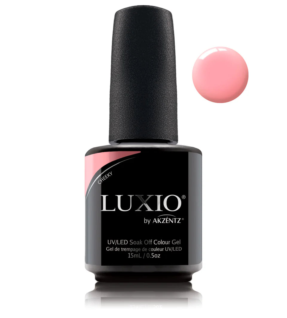 Luxio Cheeky soak-off gel polish in 15ml bottle, vibrant pink color, displayed in a professional nail polish bottle.