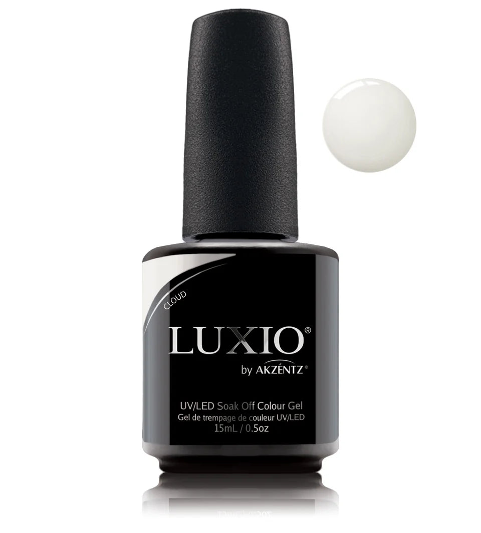 Luxio Soak-Off Gel Polish in Cloud 15ml bottle showing the sleek packaging and gel inside, ideal for professional nail care.