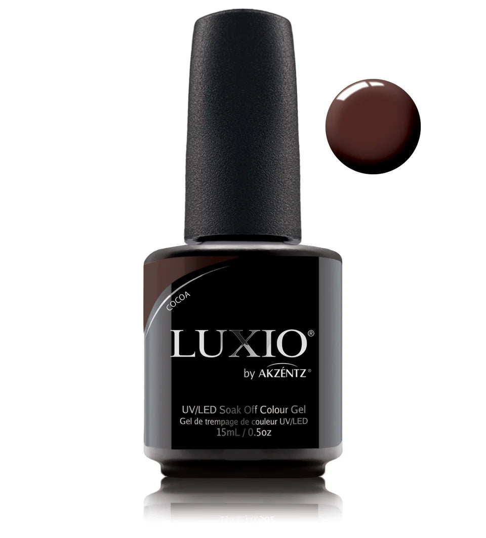 Luxio Soak-Off Gel Polish in Cocoa color, 15ml bottle, smooth gel texture, suitable for professional gel nail applications.