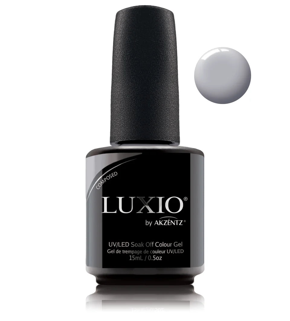 Luxio soak-off gel polish in 15ml bottle, showcasing the Luxio brand and clear gel formula for nail enhancement and color.