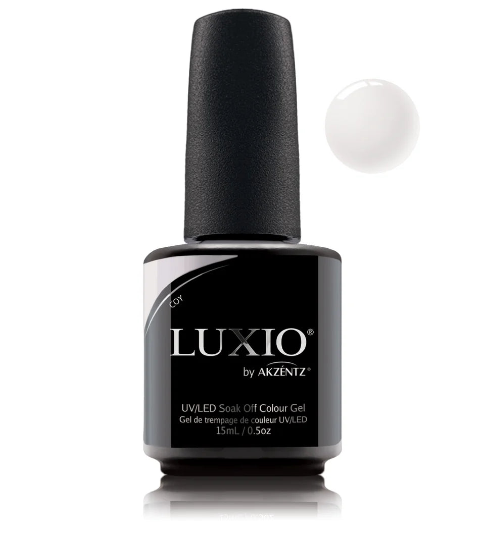 Luxio soak-off gel polish in Coy white 15ml bottle, featuring sleek packaging and vibrant white gel for professional nail art.