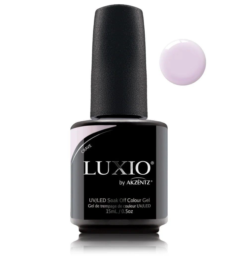 Luxio Crave soak-off gel polish in 15ml bottle, showcasing the vibrant gel color and smooth texture for nails.