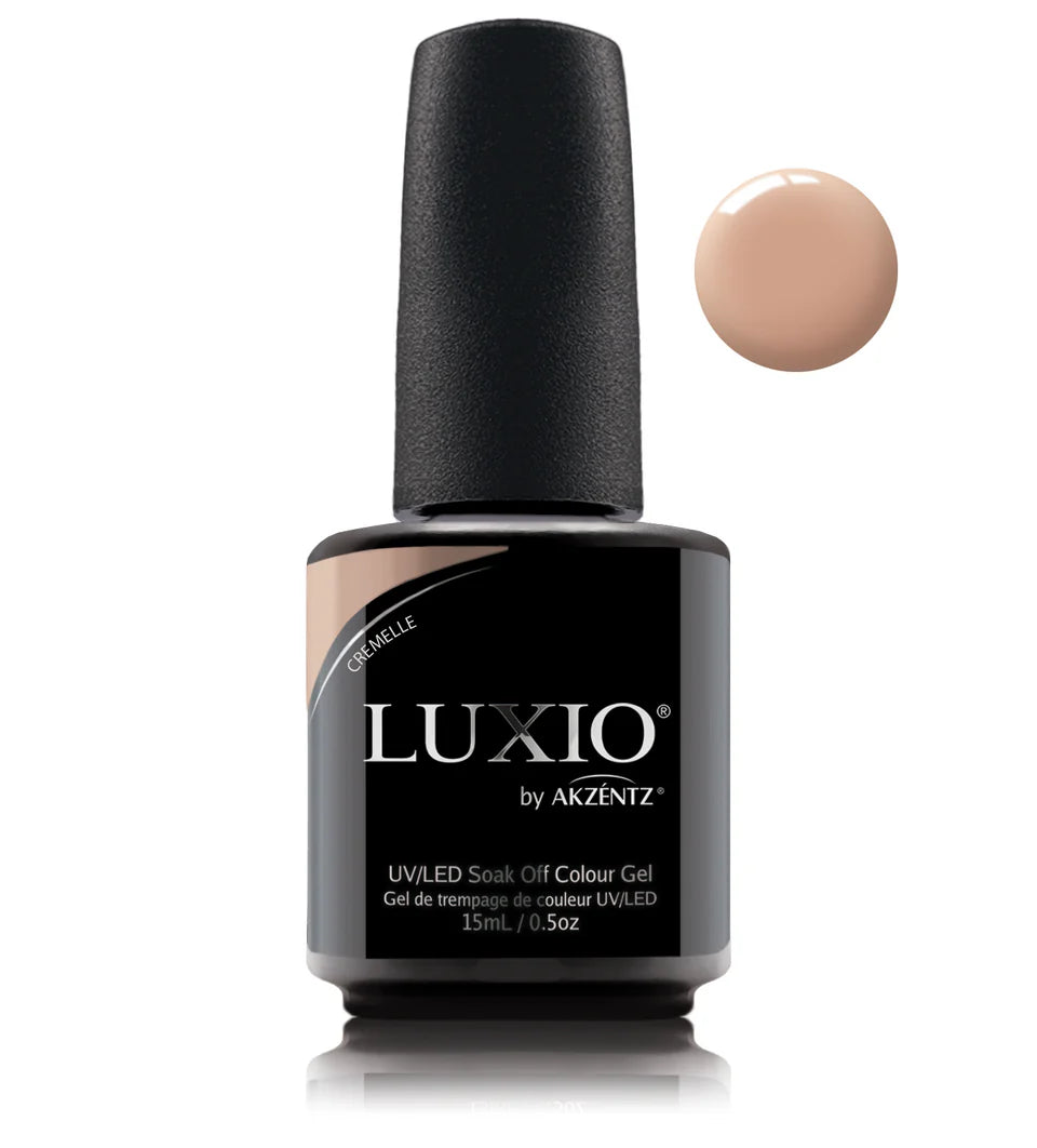 Luxio Cremelle soak-off gel polish in 15ml jar, dark pink shade, smooth gel texture, branded Luxio nail product.