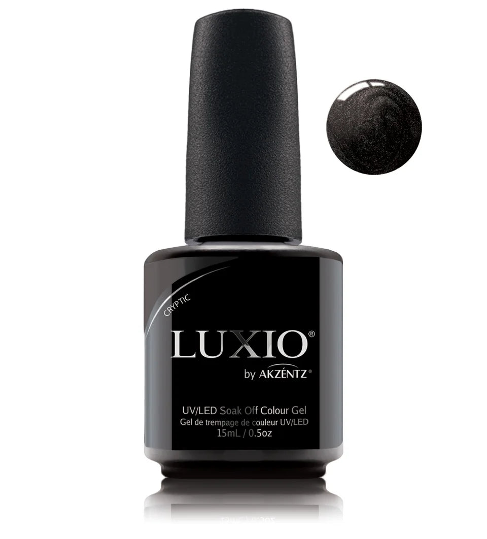 Luxio Soak-Off Gel Polish Cryptic with Sparkle finish in a 15ml bottle, shown with a close-up of the gel color and sparkling effect.