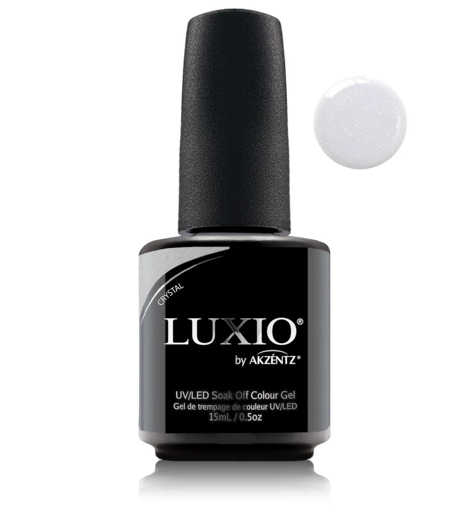 Luxio Soak-Off Gel Polish Crystal (Sparkle) 15ml bottle featuring a clear, glittery gel polish with a black cap and branding label.