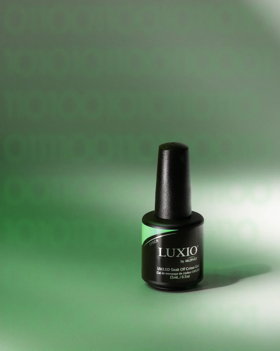 Luxio Soak-Off Gel Polish in Cyber, opaque 15ml bottle, with a sleek black cap and vibrant gel polish color inside.