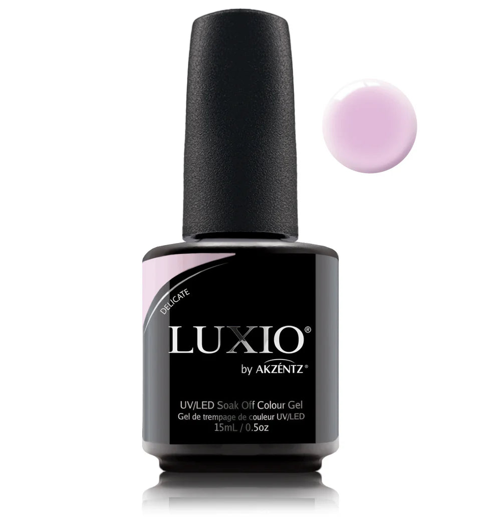 Luxio Soak-Off Gel Polish Delicate semi-sheer 15ml bottle, featuring a soft, translucent nail color from Luxio gel polish collection.