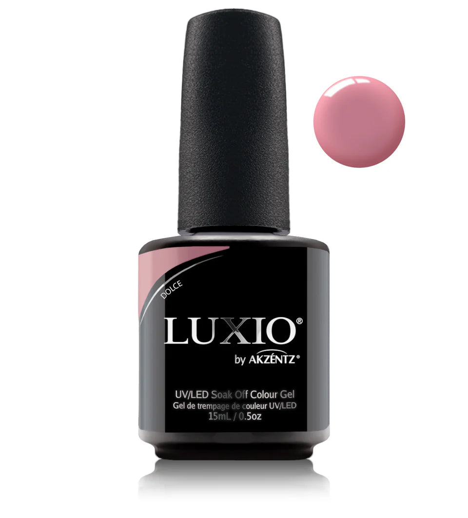Luxio Dolce soak-off gel polish in 15ml bottle, showcasing the luxurious purple color with a smooth, glossy finish.