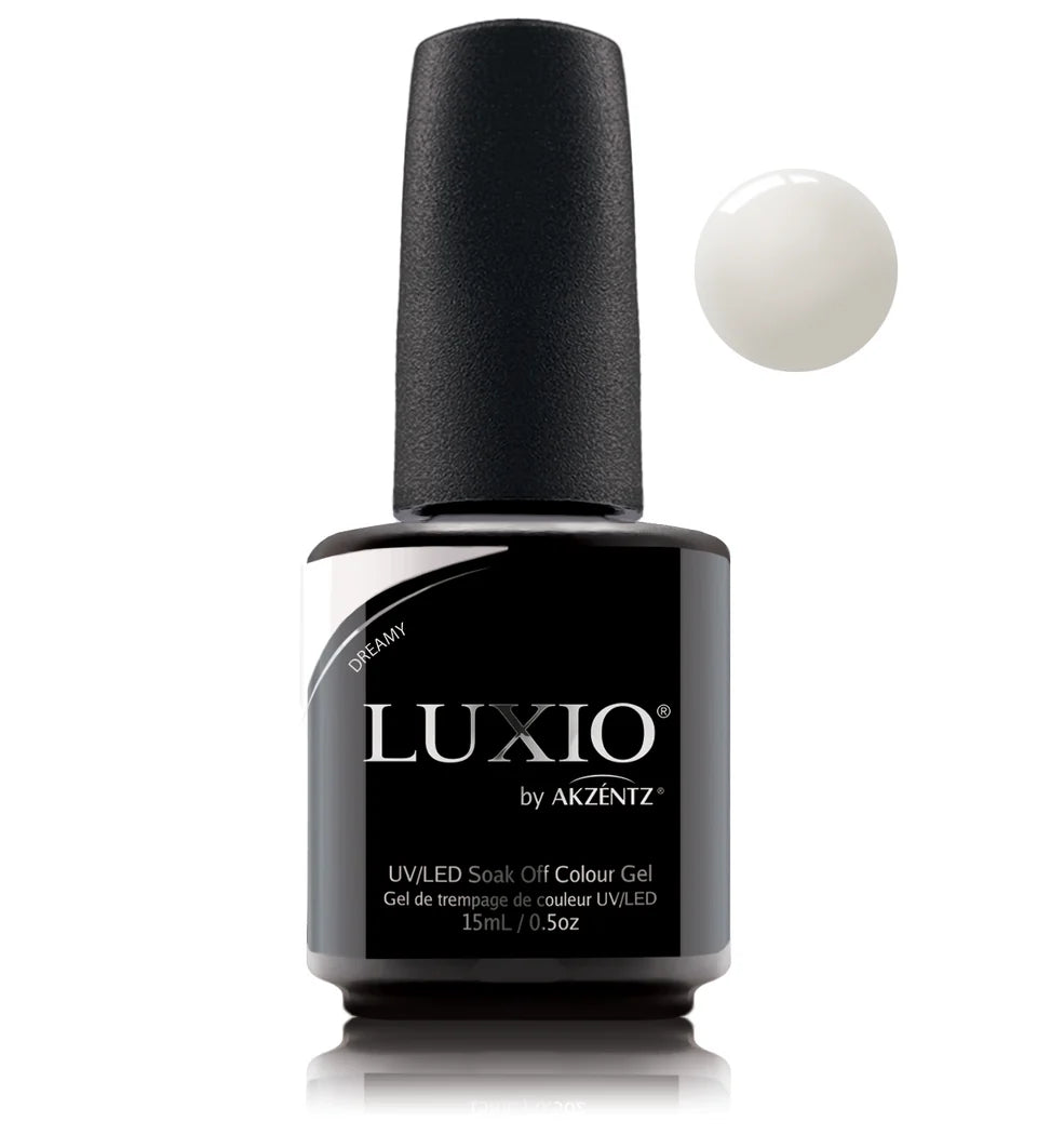 Luxio Dreamy soak-off gel polish in a 15ml bottle, white color with smooth, glossy finish, ideal for professional gel manicures