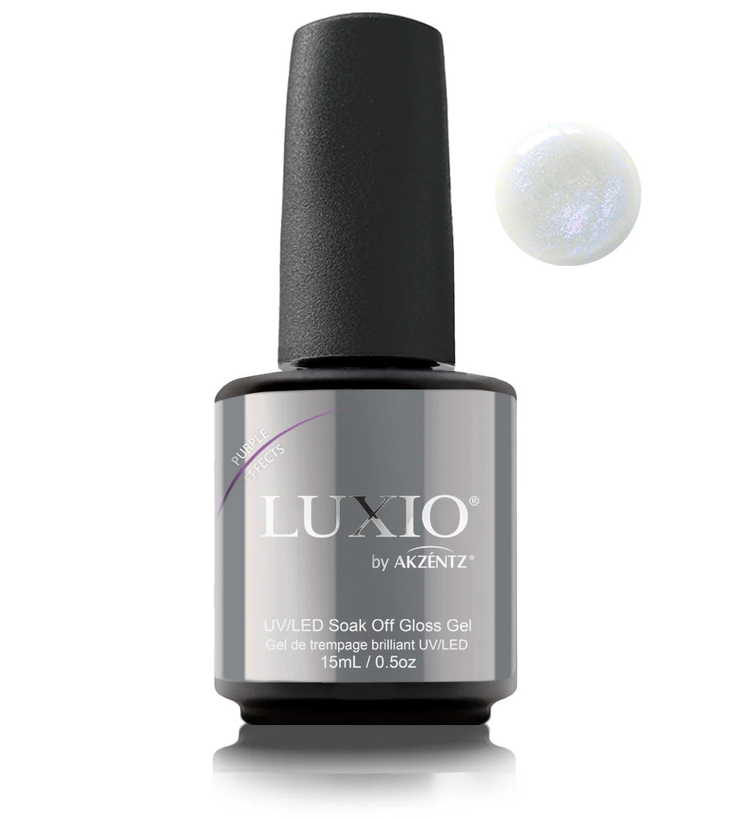 Luxio soak-off gel polish effects in purple, 15ml bottle showing glossy finish and vibrant color for luxurious nail looks.