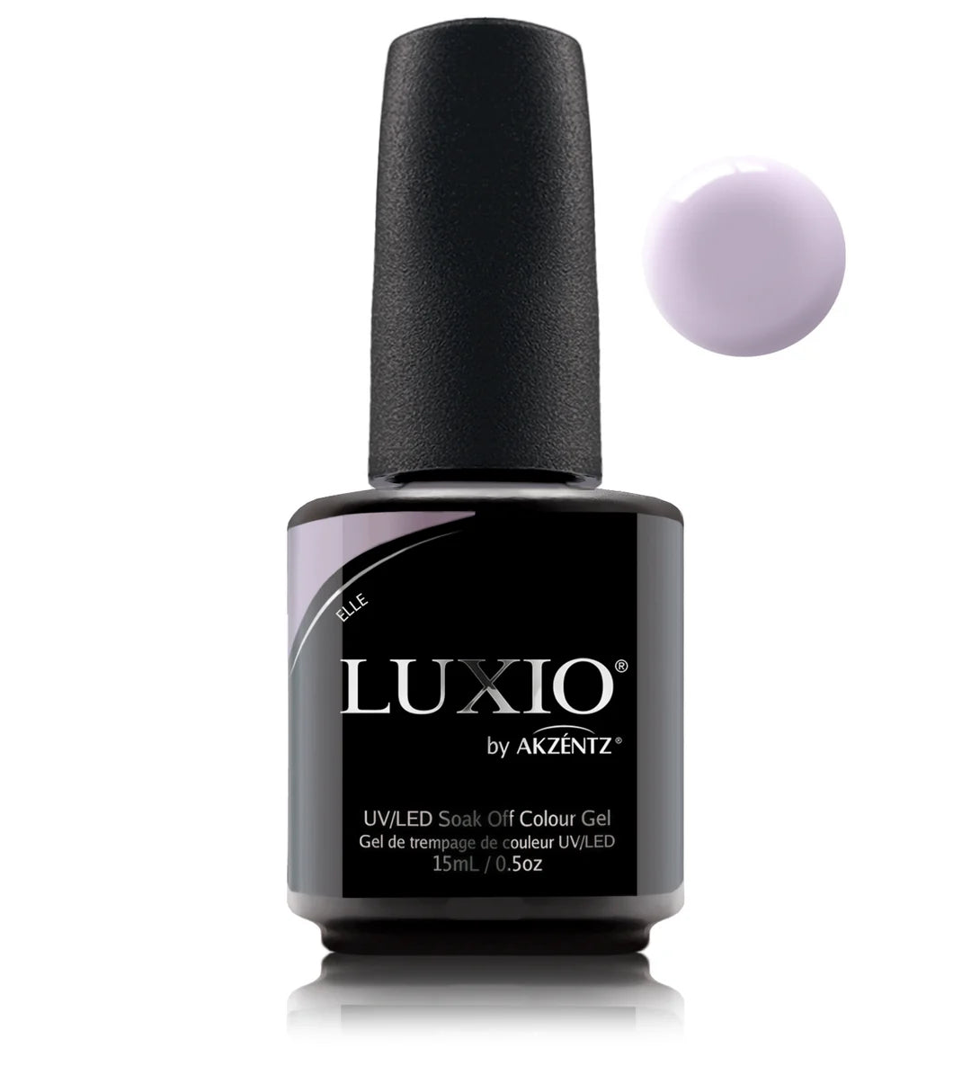 Luxio Soak-Off Gel Polish in Elle 15ml, with a smooth, glossy finish and vibrant color, displayed in a clear bottle with branding.