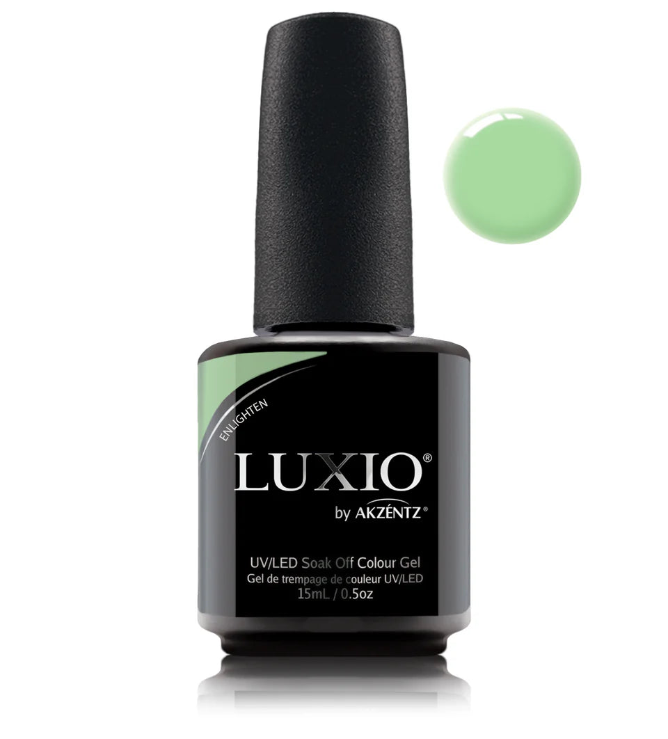 Luxio gel polish Enlighten 15ml bottle with clear cap and label, showcasing the professional nail product for soak-off gel manicures.