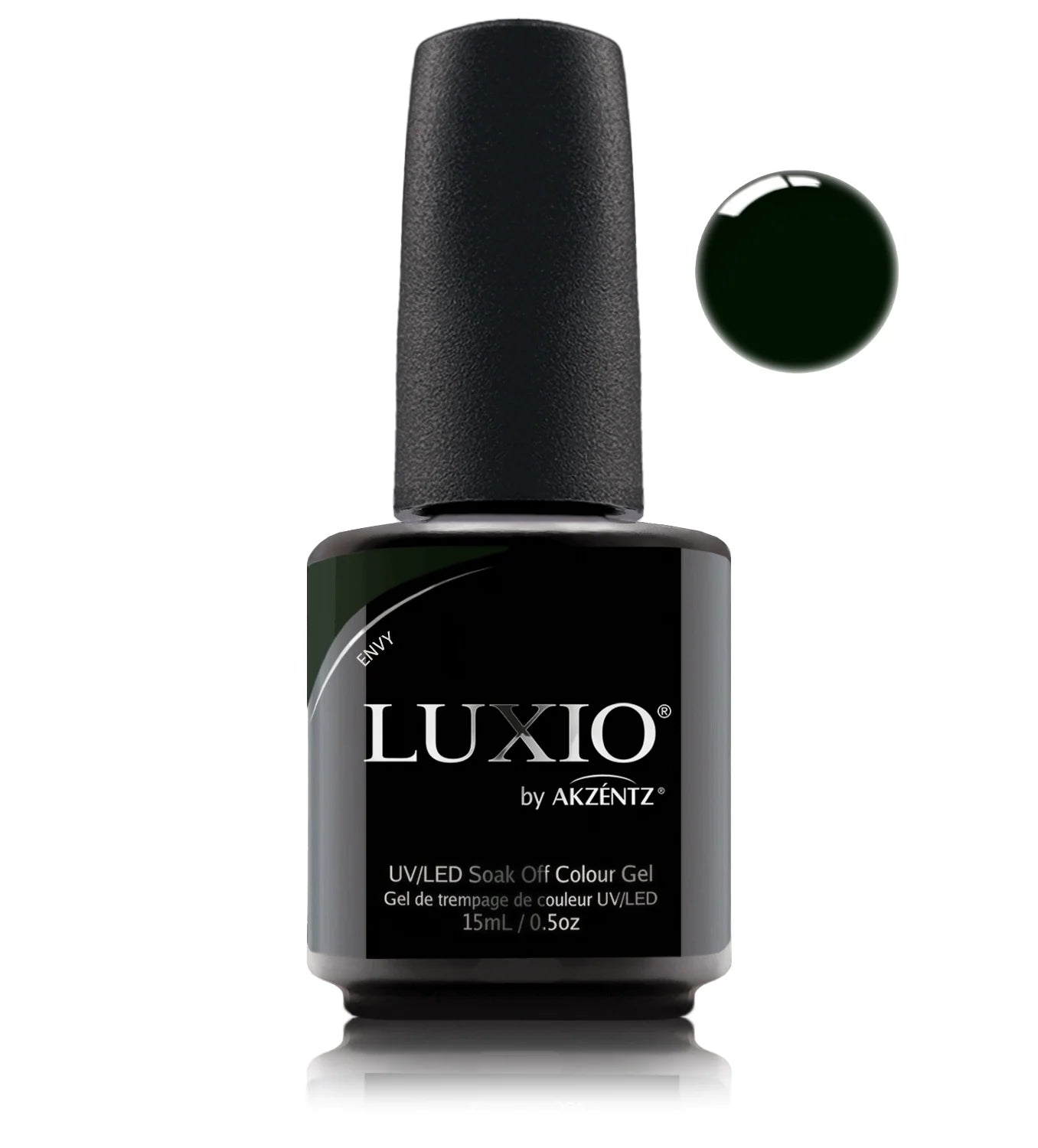 Luxio Soak-Off Gel Polish Envy in Nocturne dark green, 15ml bottle, TPO-Free Luxio gel nail polish on a white background.