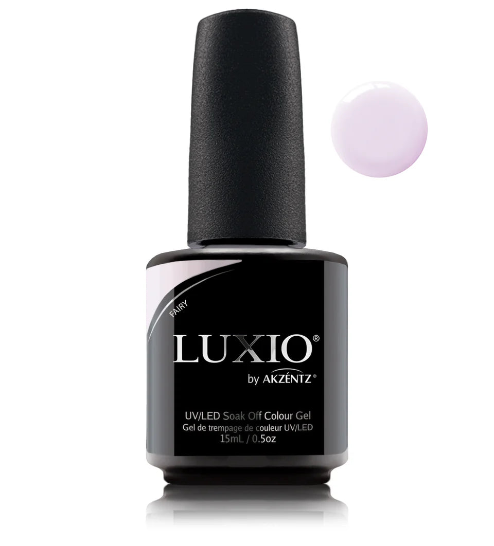 Luxio Fairy Soak-Off Gel Polish in 15ml bottle, vibrant pink gel with a glossy finish, suitable for professional nail art.