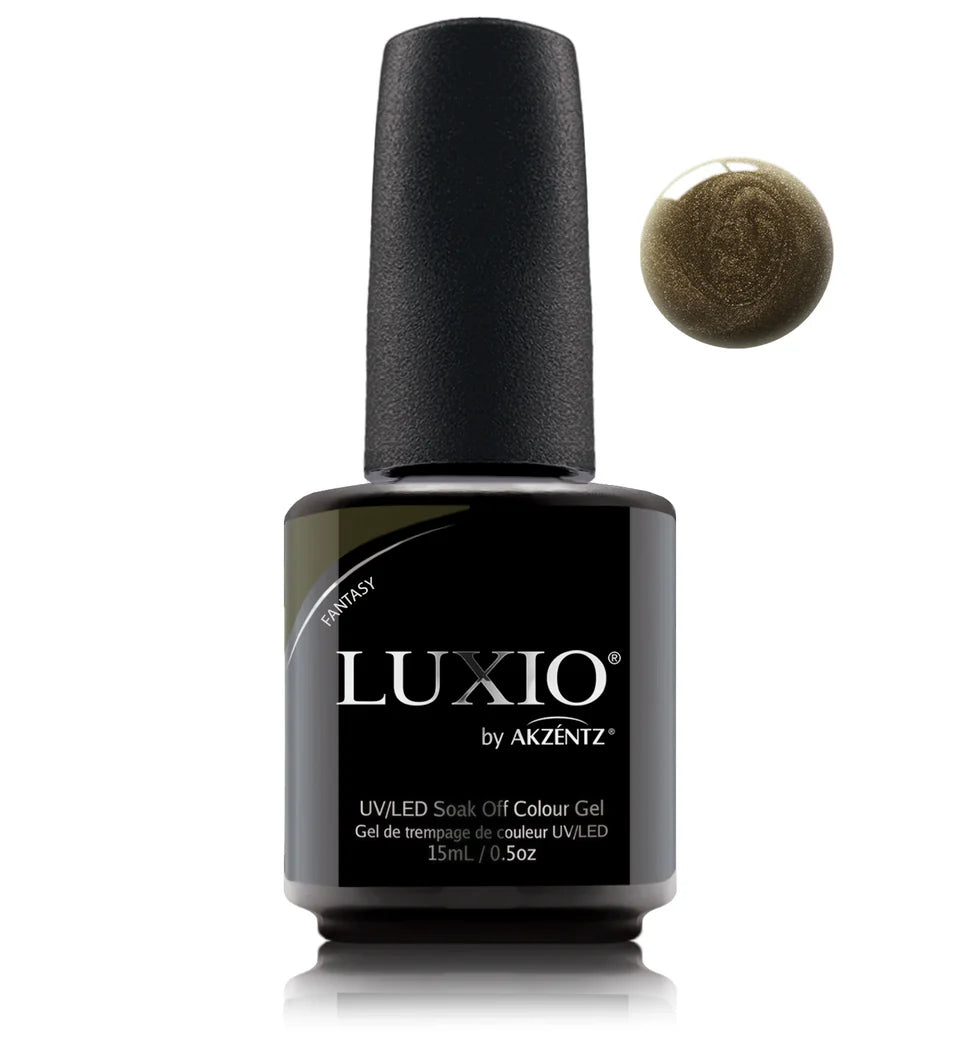 Luxio Fantasy Soak-Off Gel Polish in shimmer finish, 15ml bottle, featuring a sparkling, iridescent nail color from Luxio Gel Polish line