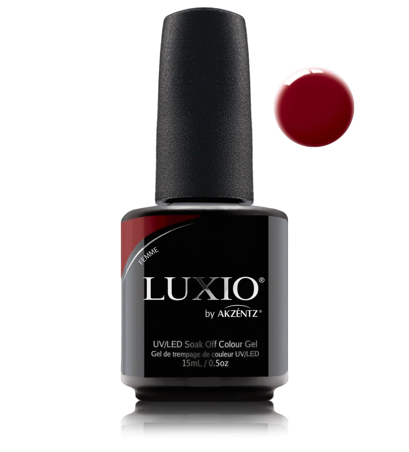 Luxio Femme soak-off gel polish bottle, 15ml, TPO-free, with black cap and clear label displaying the Luxio brand name.
