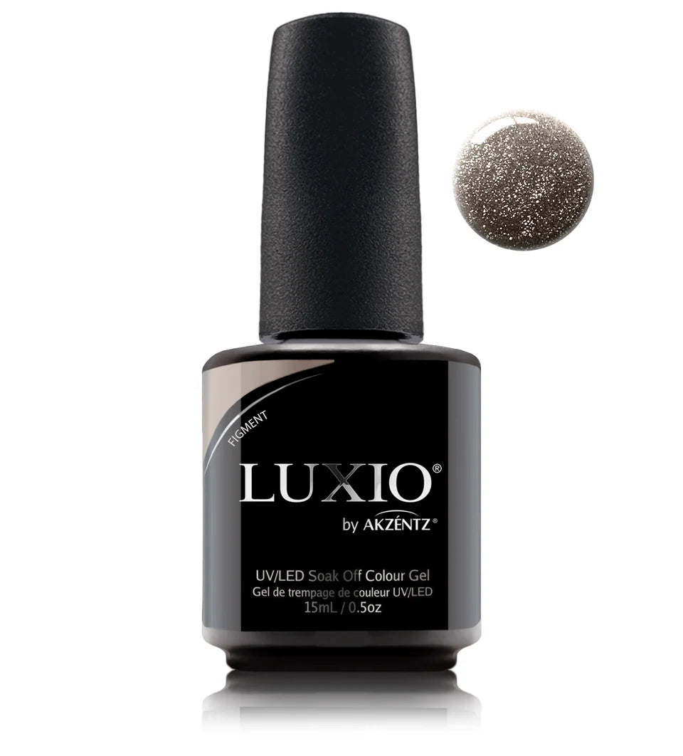 Luxio Soak-Off Gel Polish Figment with glitter, 15ml, showcasing a sparkly, vibrant gel polish bottle with brand label.