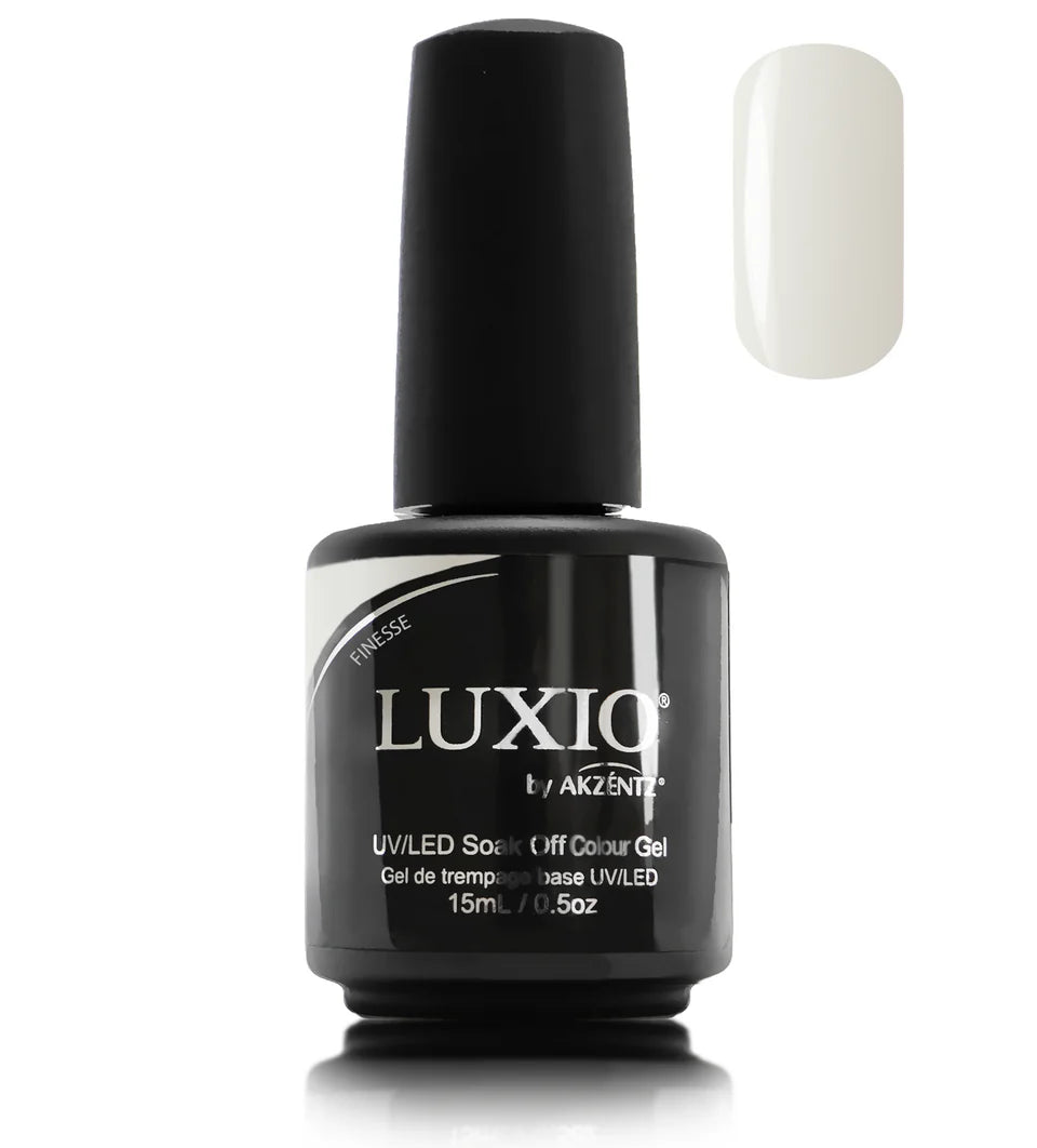 Luxio Soak-Off Gel Polish Finesse 15ml bottle with a black cap and clear label, displayed against a neutral background.