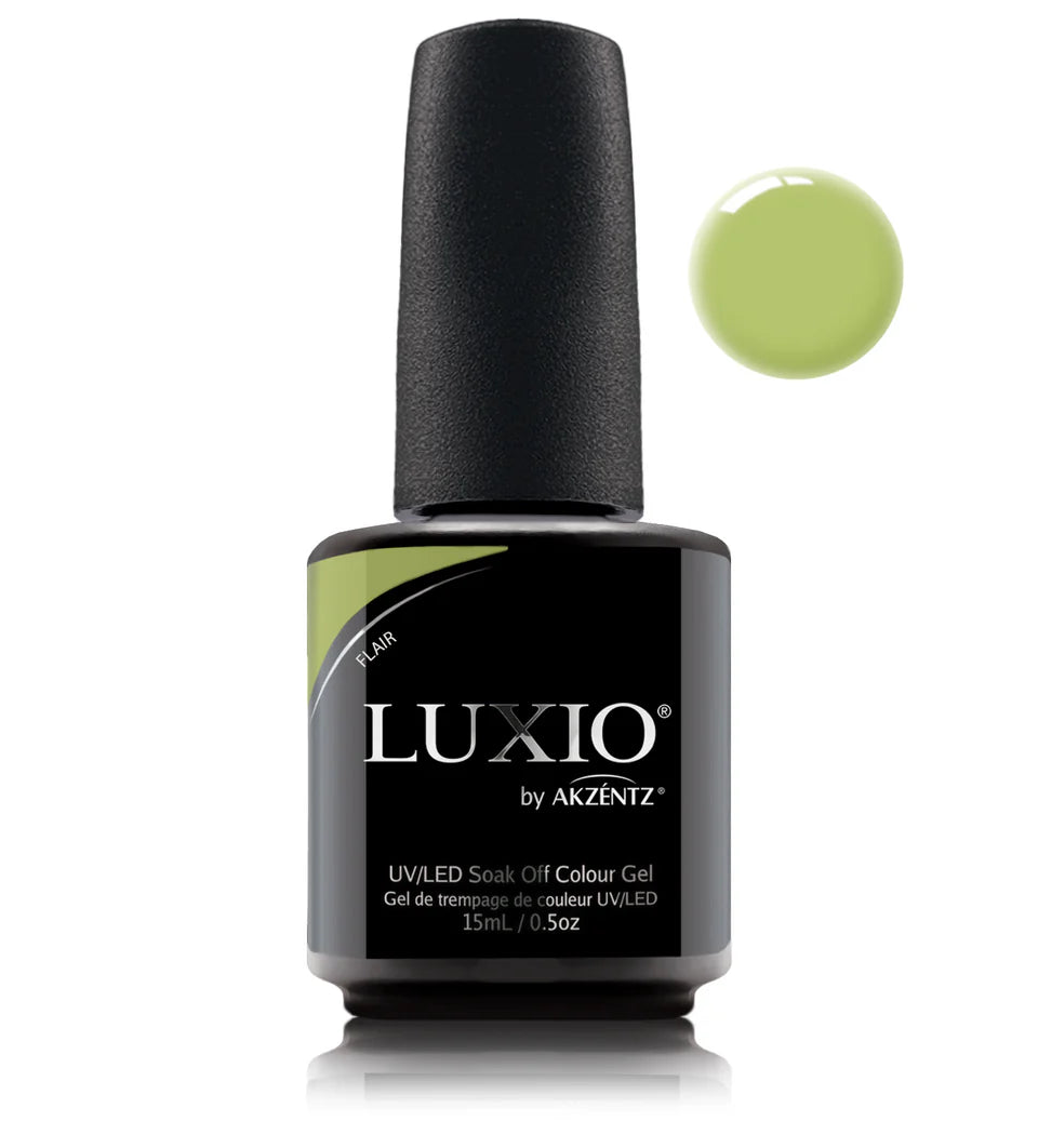 Luxio Soak-Off Gel Polish Flair in 15ml bottle, showcasing vibrant gel color and brand label on the Luxio gel polish container.