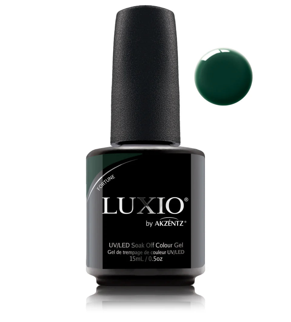 Luxio Fortune soak-off gel polish in 15ml bottle, vibrant orange color, with branding and product label visible.