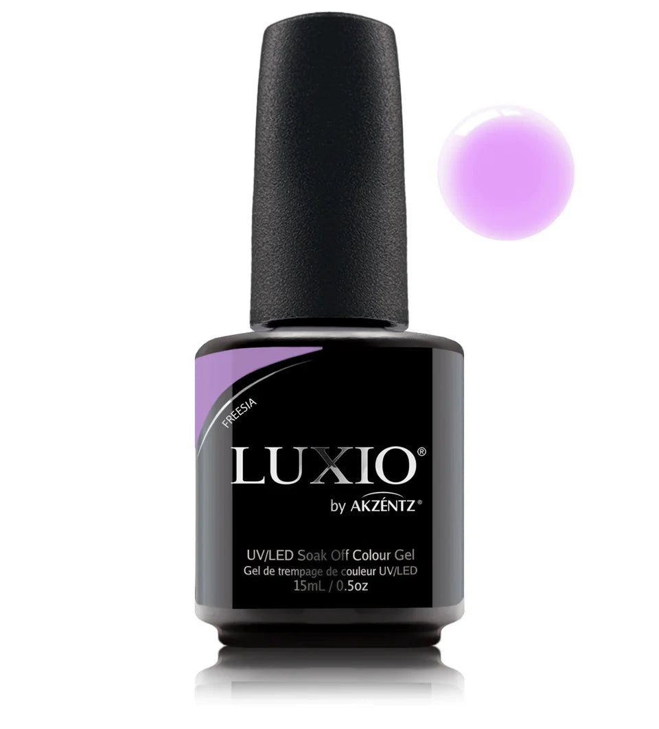 Luxio Luxio Soak-Off Gel Polish in Freesia tint, 15ml bottle, vibrant purple color for gel manicures.