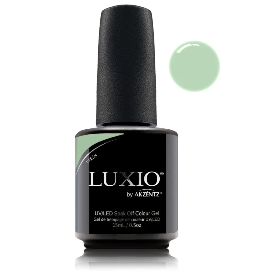 Luxio Soak-Off Gel Polish in Fresh 15ml bottle, featuring vibrant nail color and sleek packaging.