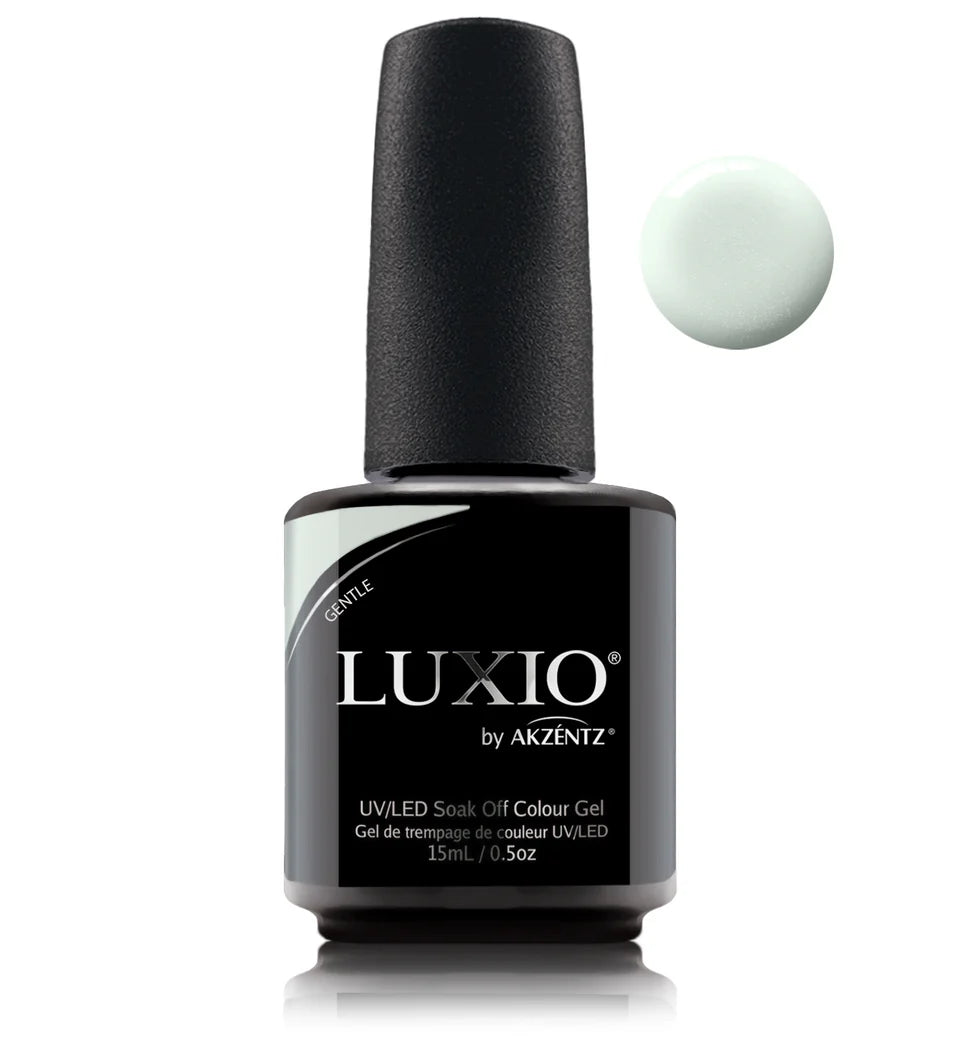 Luxio Soak-Off Gel Polish in Gentle shimmer, 15ml, with a smooth gel texture and subtle shimmer finish in a clear bottle.