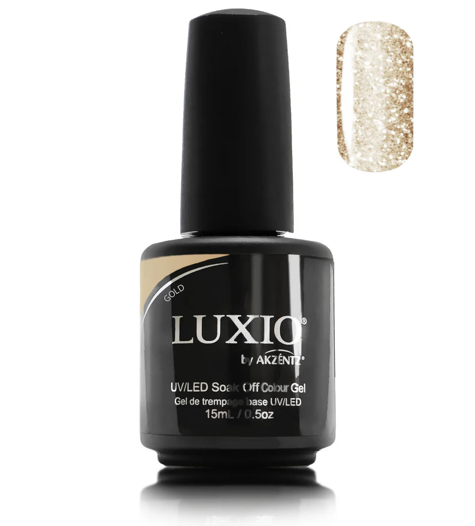 Luxio Gel Polish Gold Glitter 15ml bottle with shimmering gold glitter for luxurious nail designs and professional salon quality