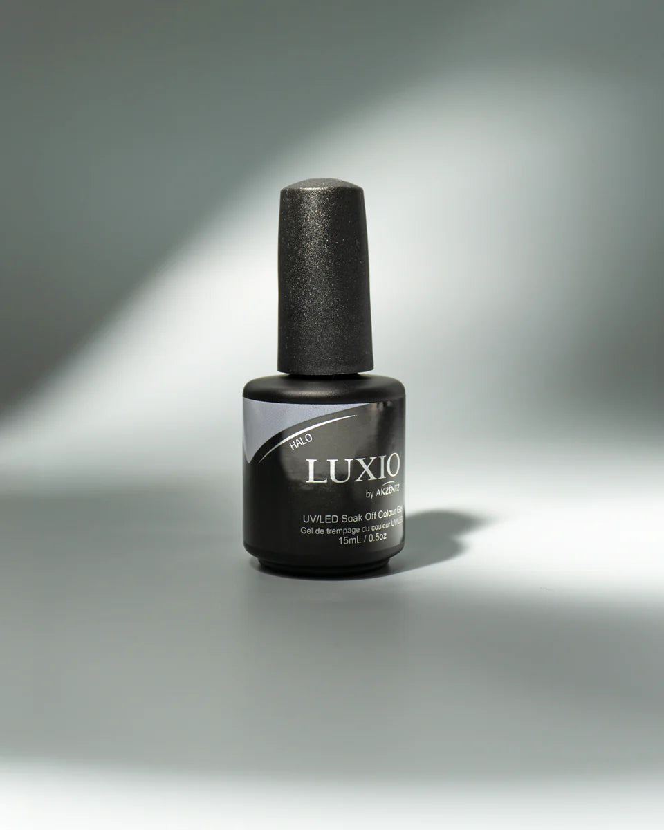 Luxio Halo soak-off gel polish in pearl finish, 15ml, showing the elegant, shimmering gel polish bottle with the Luxio branding.