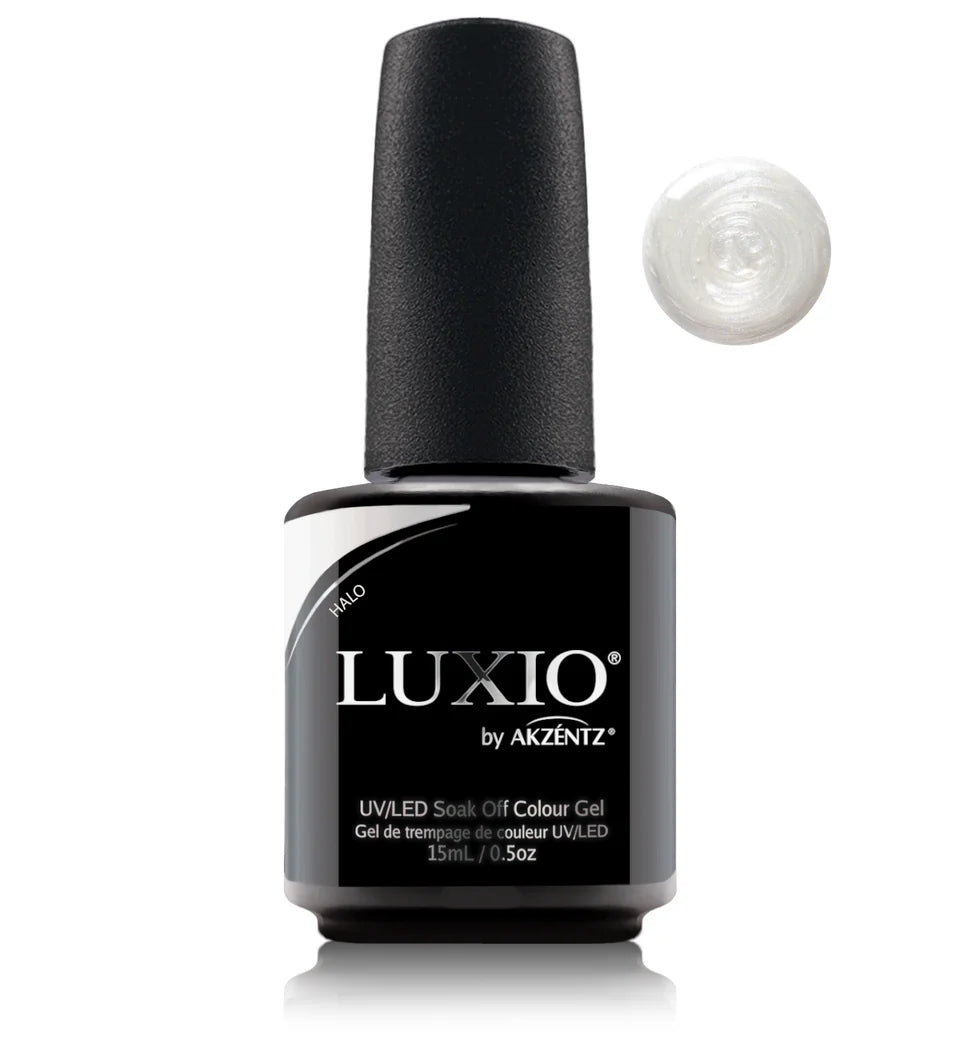 Luxio Soak-Off Gel Polish Halo Pearl in 15ml bottle, featuring a luxurious gel polish with pearl finish for elegant nails.