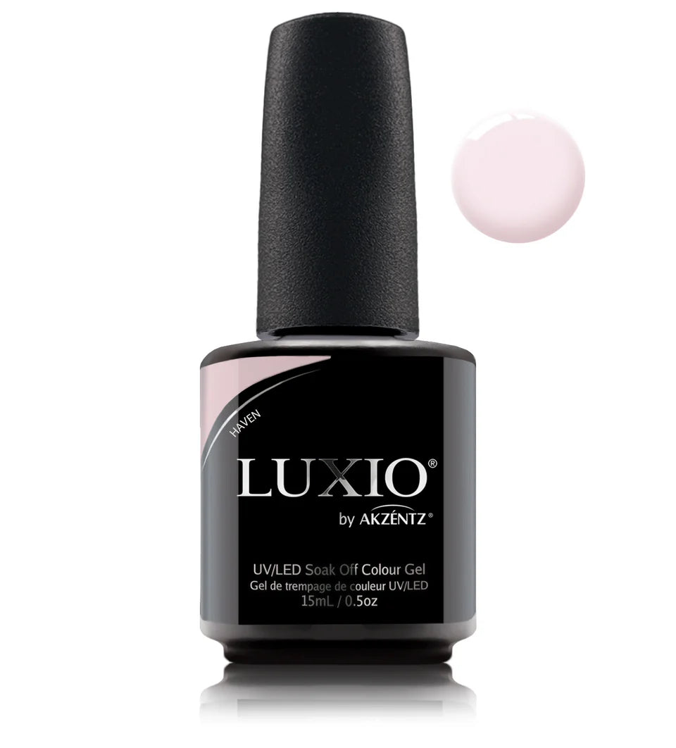 Luxio Soak-Off Gel Polish Haven in sheer finish, 15ml bottle, with smooth gel texture and clear, natural appearance.