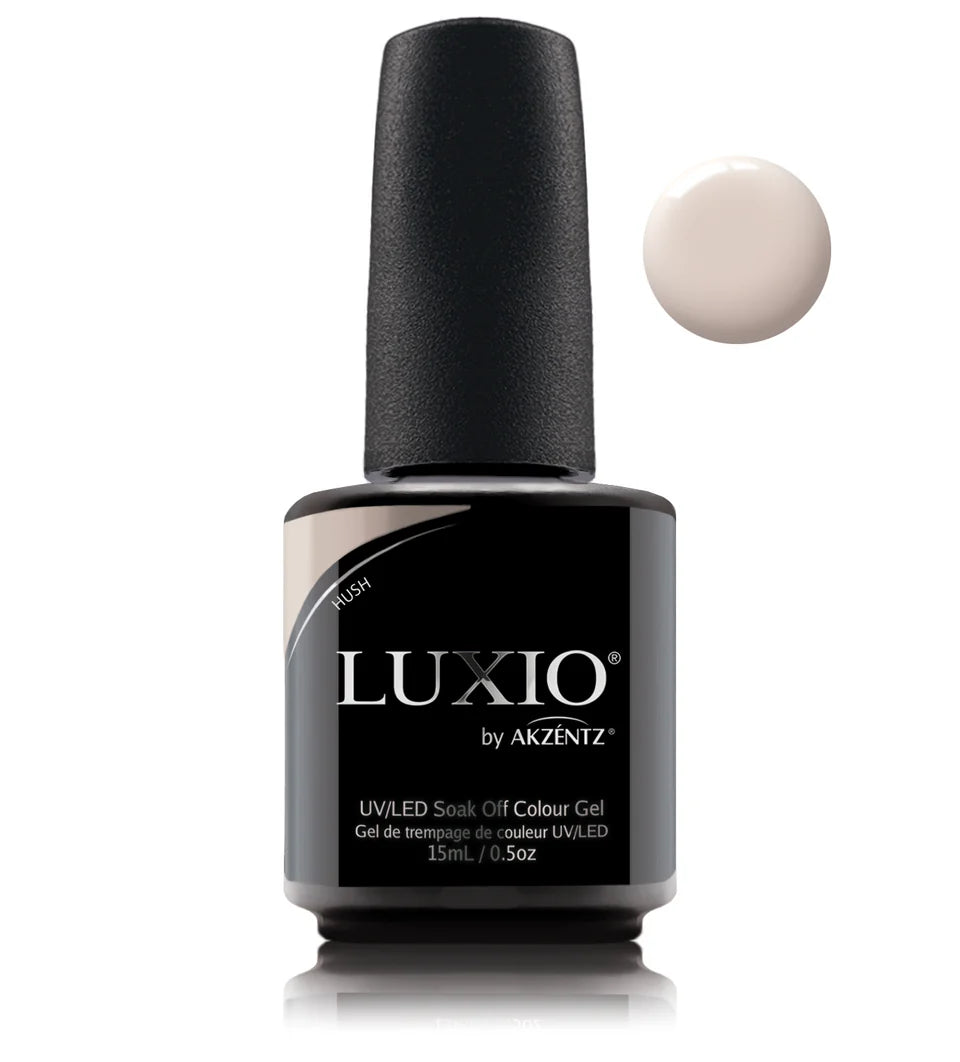 Luxio Hush soak-off gel polish in 15ml bottle, showcasing the soft muted pink shade with the Luxio brand label.