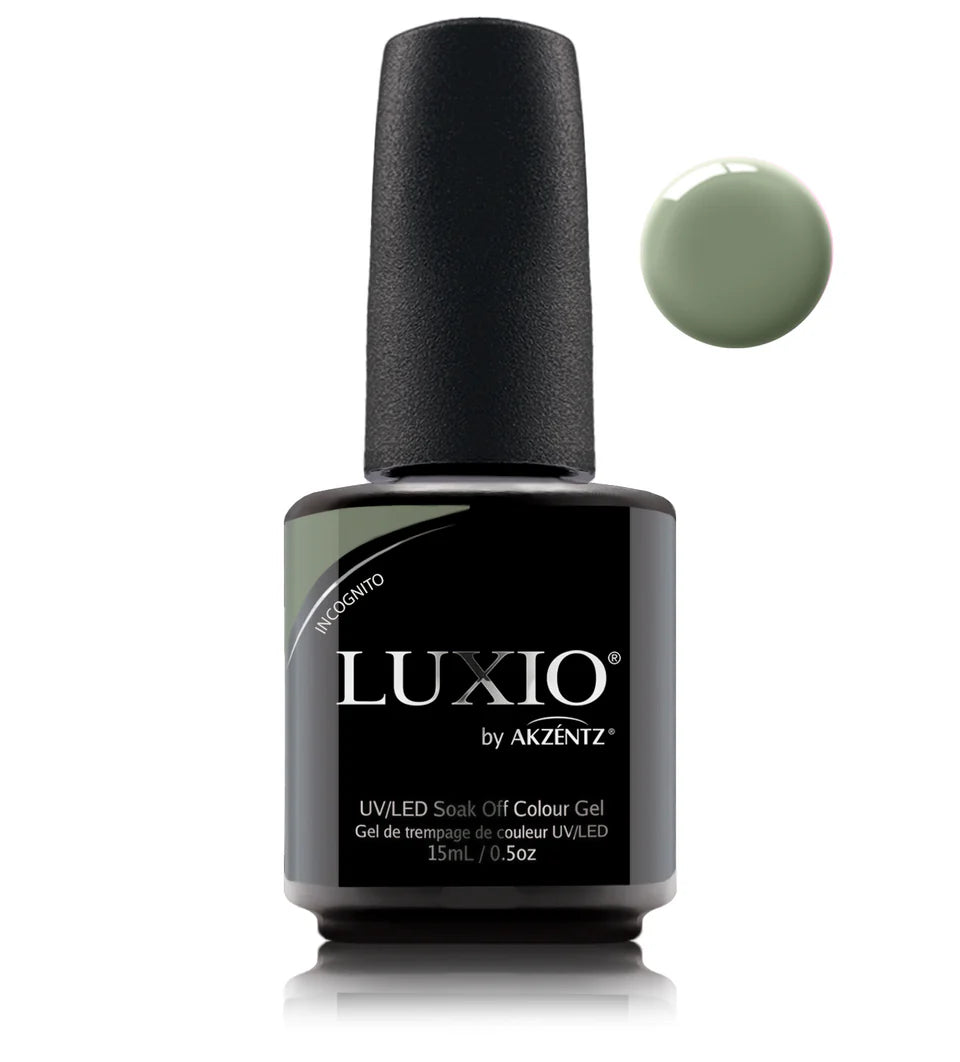 Luxio Soak-Off Gel Polish Incognito 15ml bottle shown, featuring a sleek black cap and clear label on a white background.
